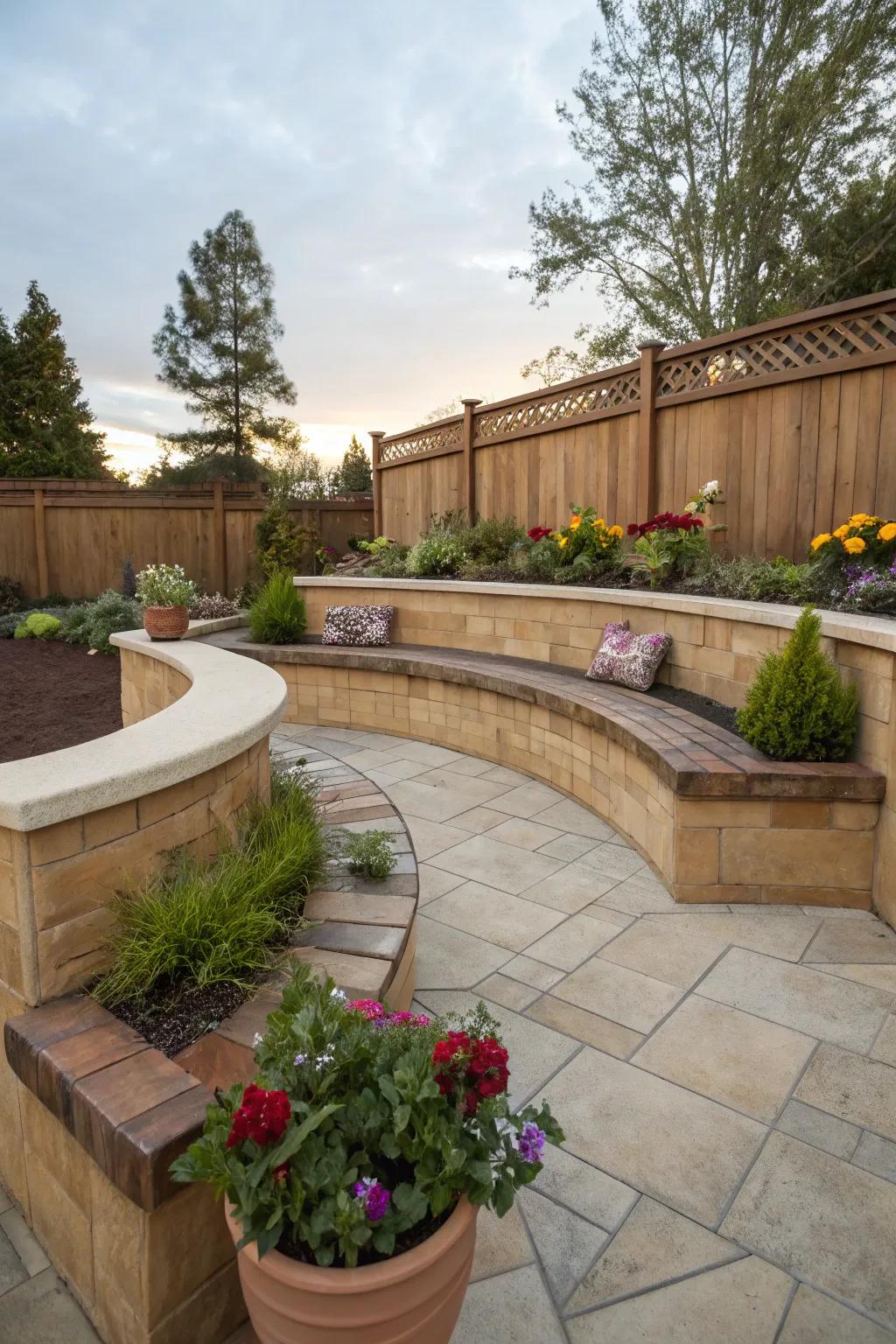 A functional curved patio showcasing built-in seating and flower boxes.