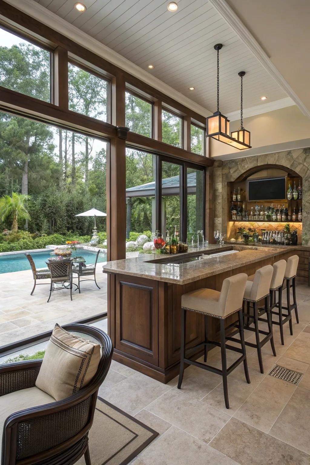 A home bar with a swim-up experience connecting indoor and outdoor.