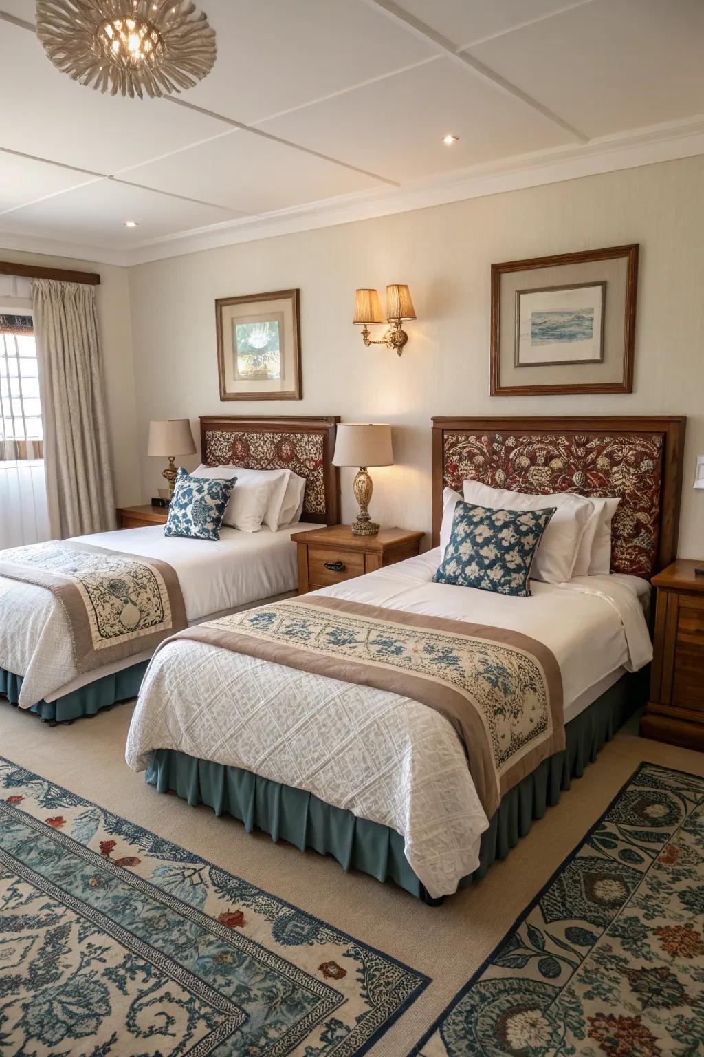 Proportional sleeping arrangements fashion a balanced and elegant visual.