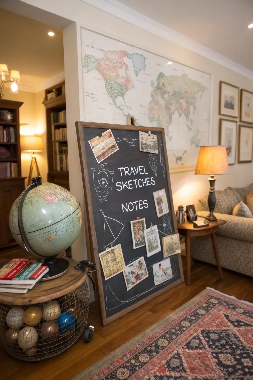 A travel memories chalkboard for reminiscing and storytelling, perfect for displaying adventures.