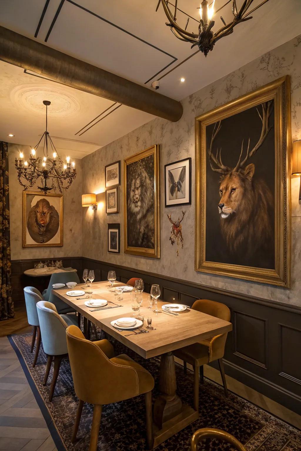 Surreal animal portraits infusing an unexpected element into a dining space.