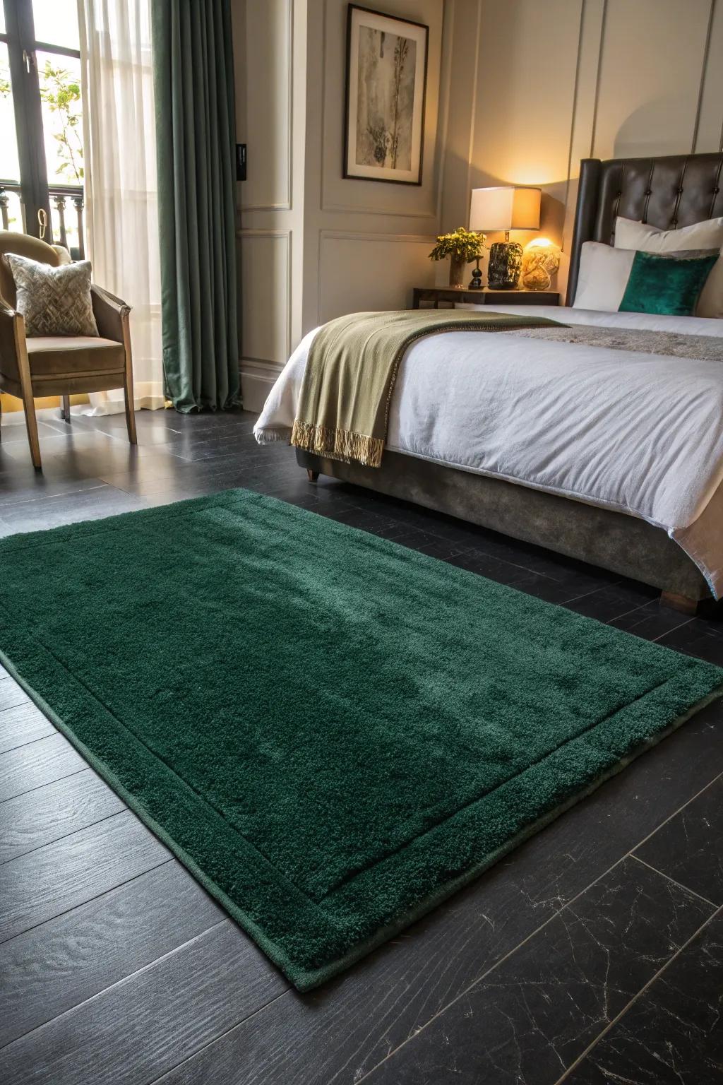 A green area rug softens charcoal flooring beautifully.