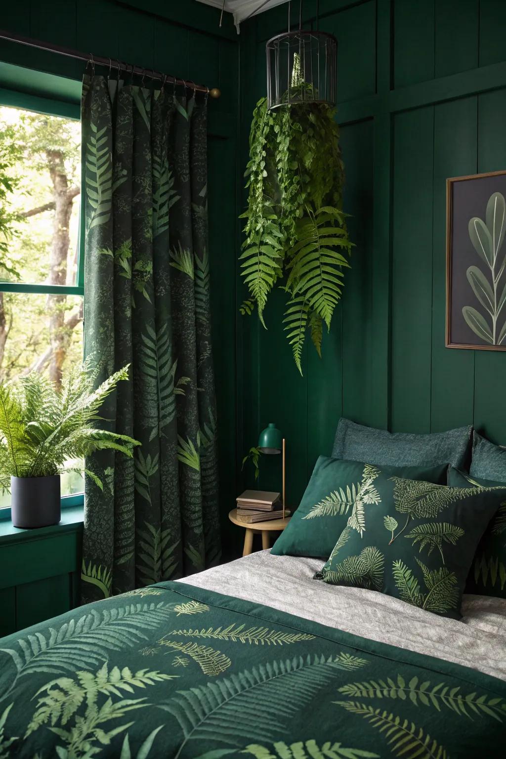 A shadowy jade bedroom with frond-themed decor creating a serene atmosphere.