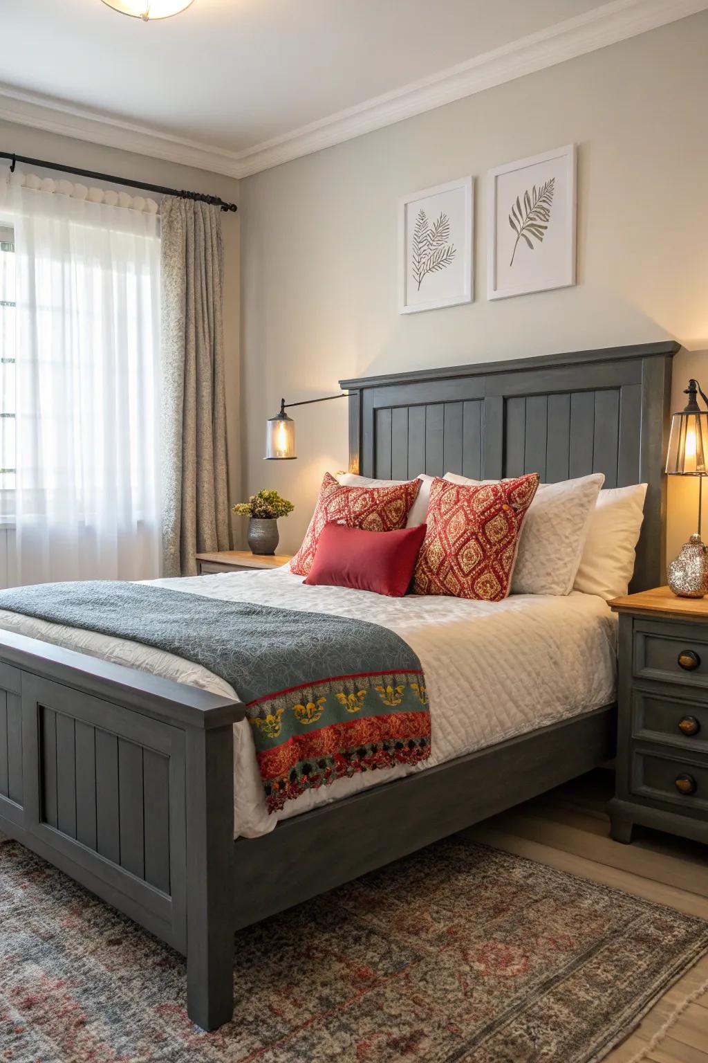 A burst of color adds energy and comparison to a grey-themed boudoir.