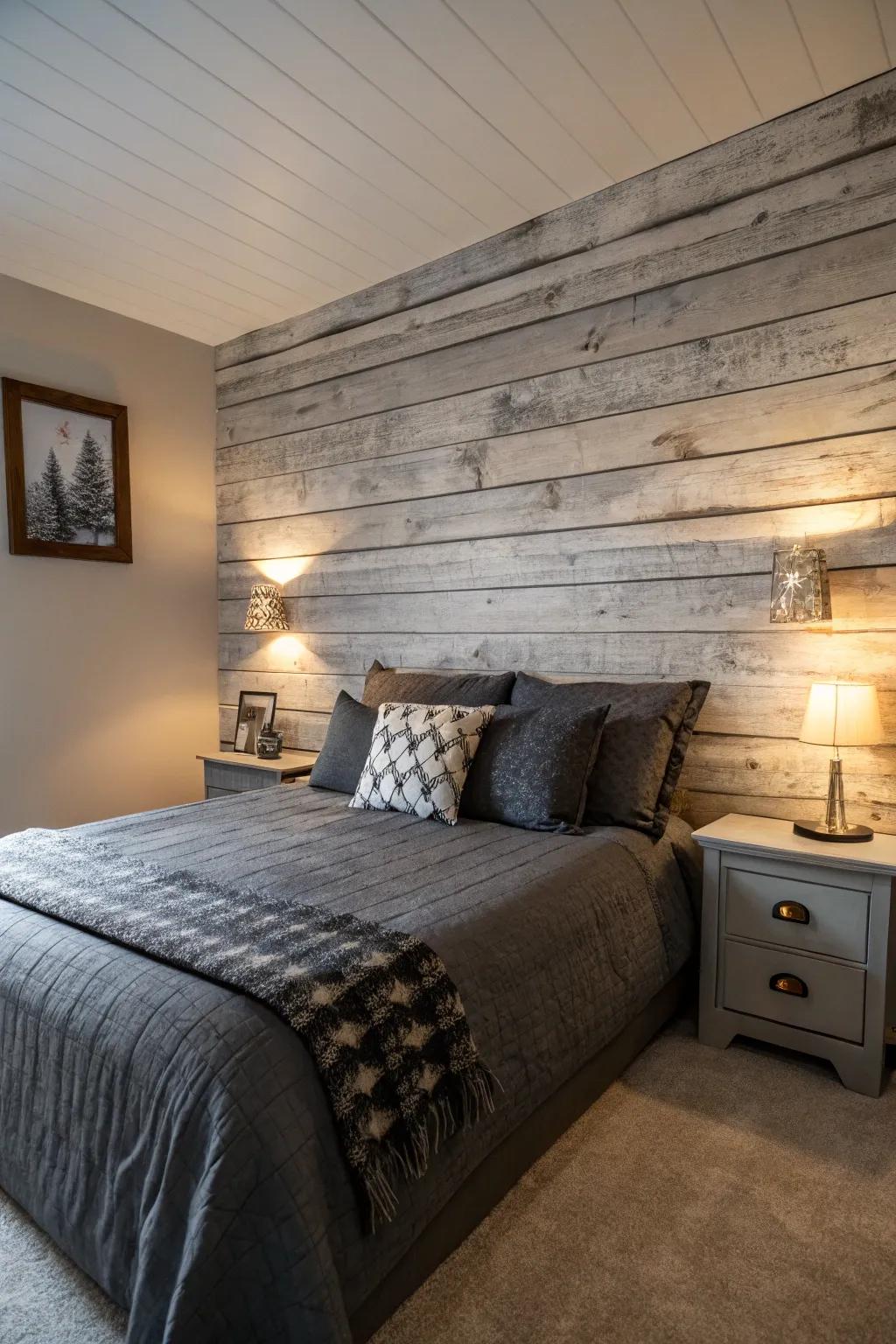 Textured walls create an interesting backdrop for dark grey bedding.