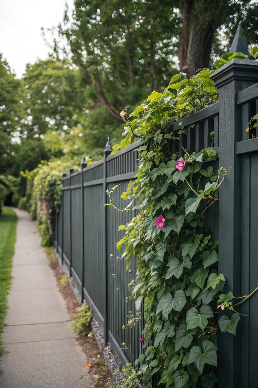 A deep charcoal fence transformed into a lush living wall with climbing plants.