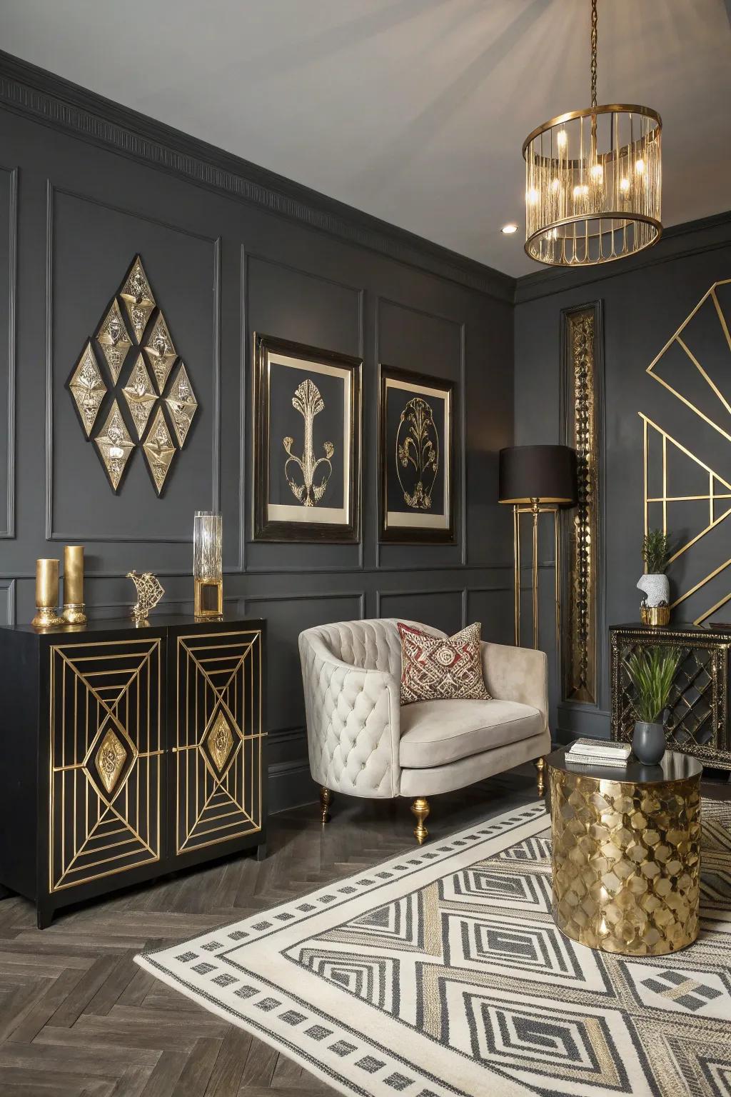 Architectural Grandeur features injecting glamour into a deep charcoal room.