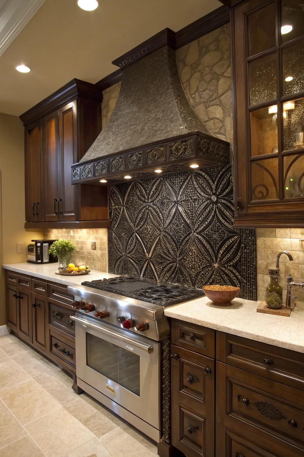 A kitchen showcasing a stunning dark mosaic backsplash as an artistic focal point.