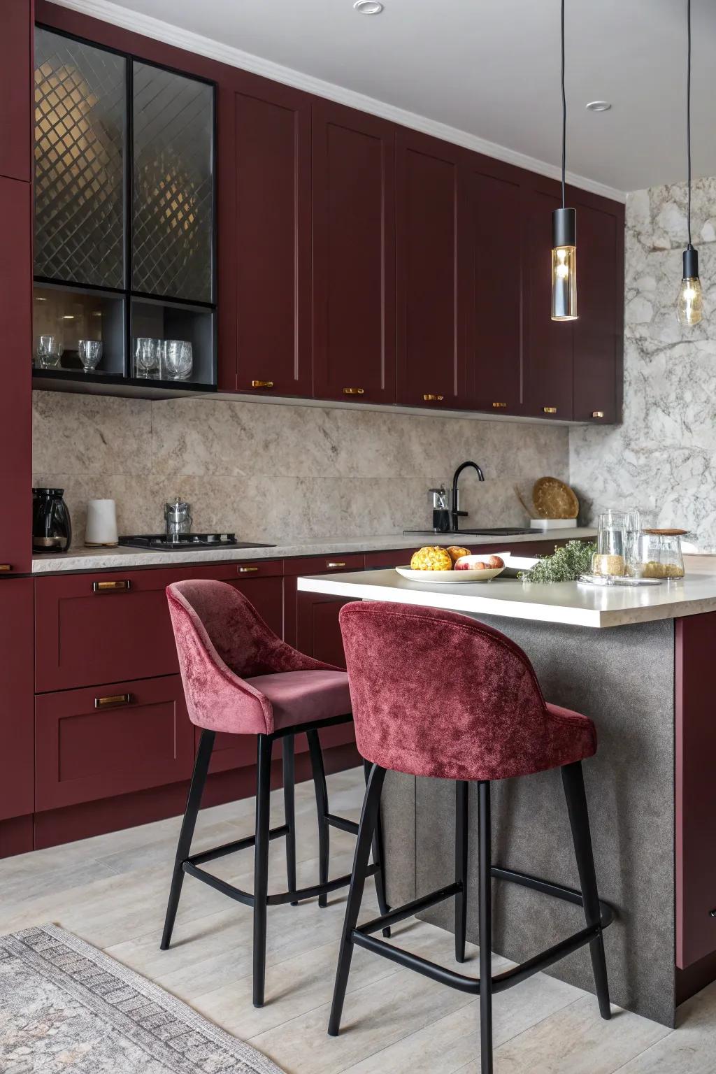 Elegant kitchen featuring scarlet-toned cabinets and velvet textures.
