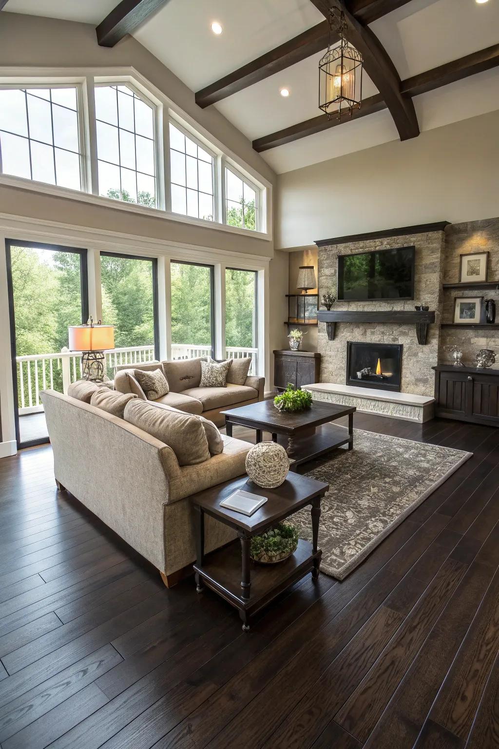 An open plan shows the elegance of wood floors.