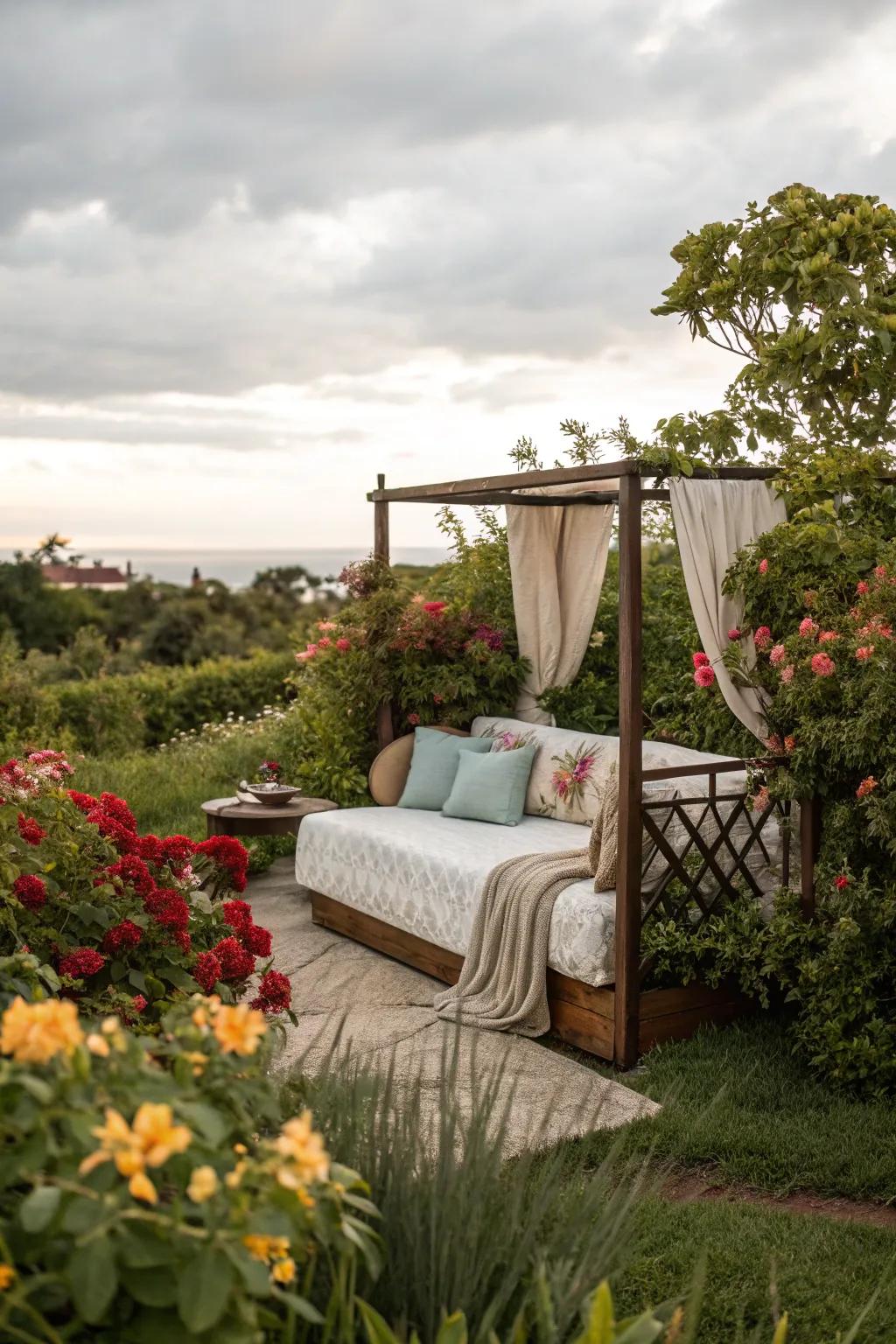 An open-air daybed offers a peaceful retreat in the garden.