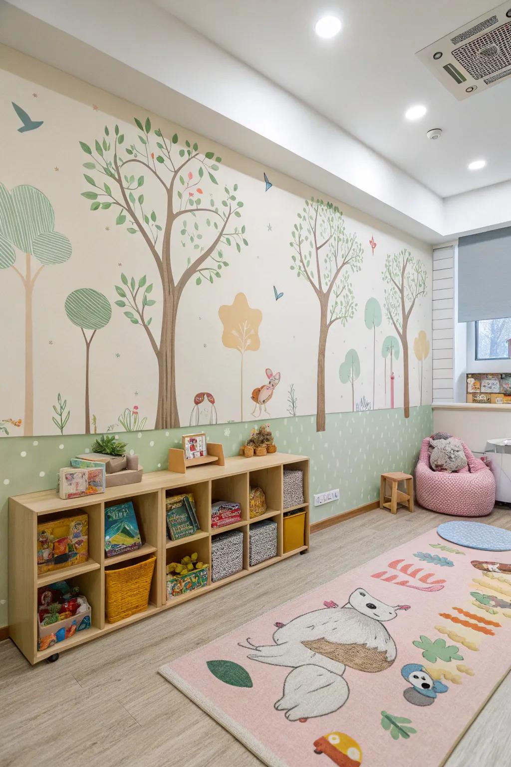 A daycare room promoting sustainability with eco-friendly wallpaper.