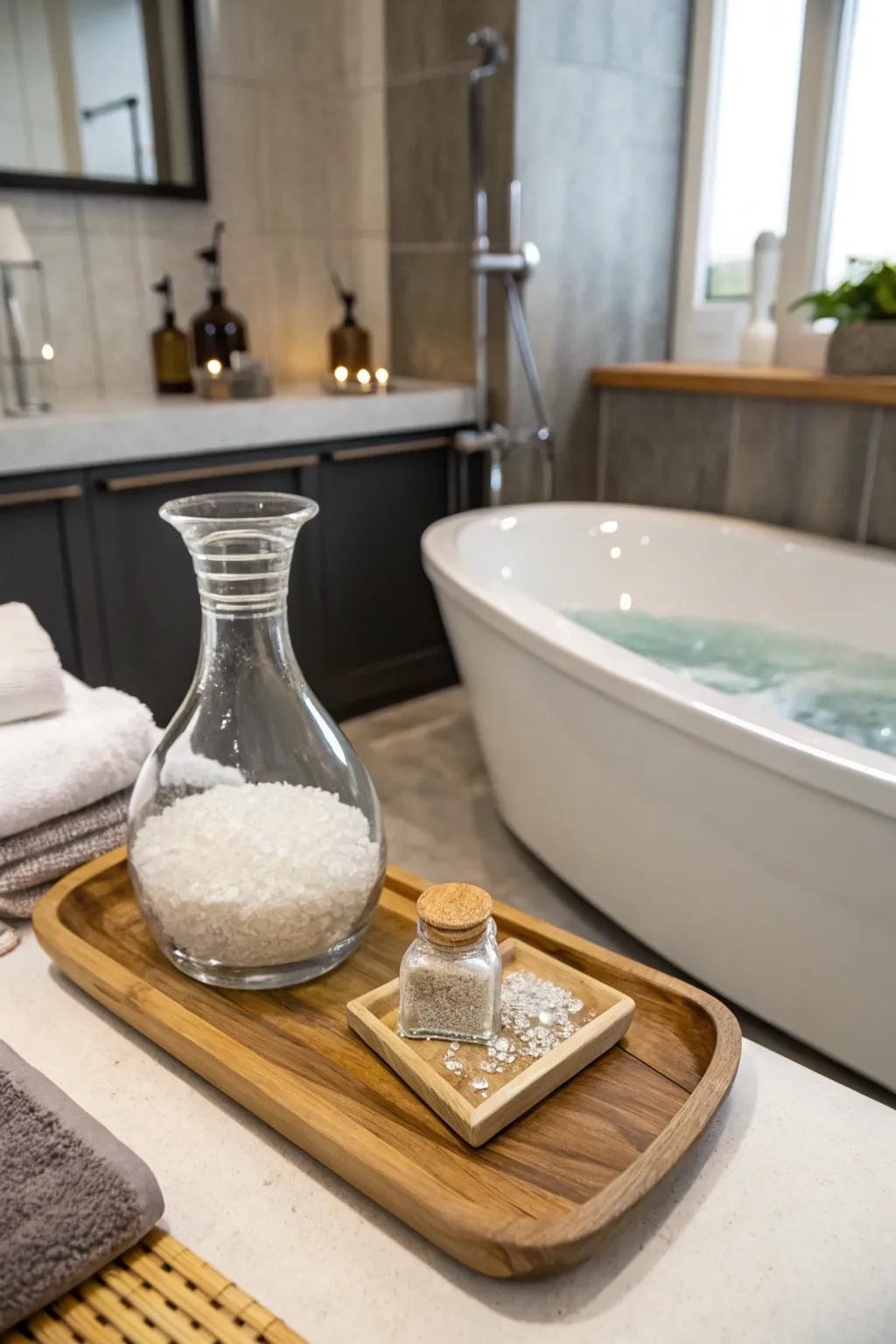 A bathroom featuring a vessel as a stylish bath salt holder.