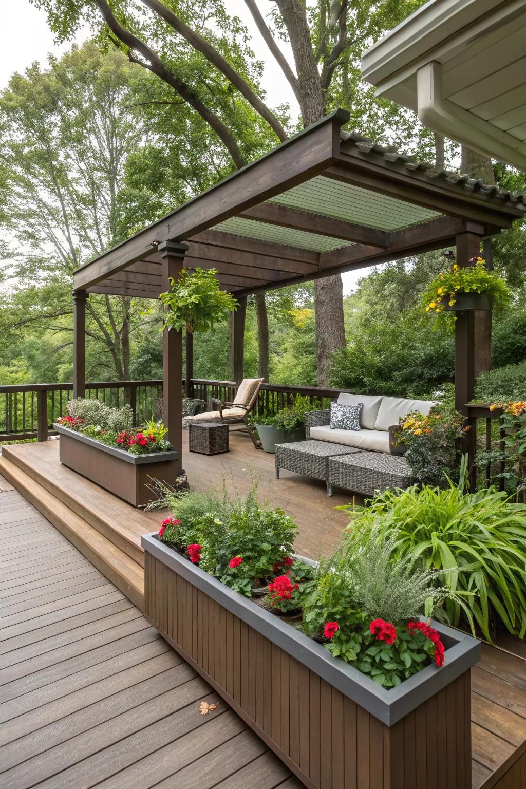 Sheltered seating with planters unites comfort and flora.