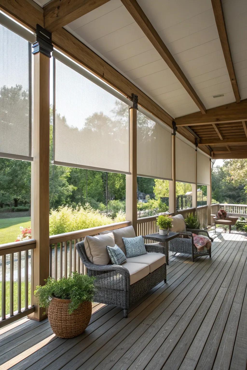 Sun screens offer sleek and modern sun control for decks.