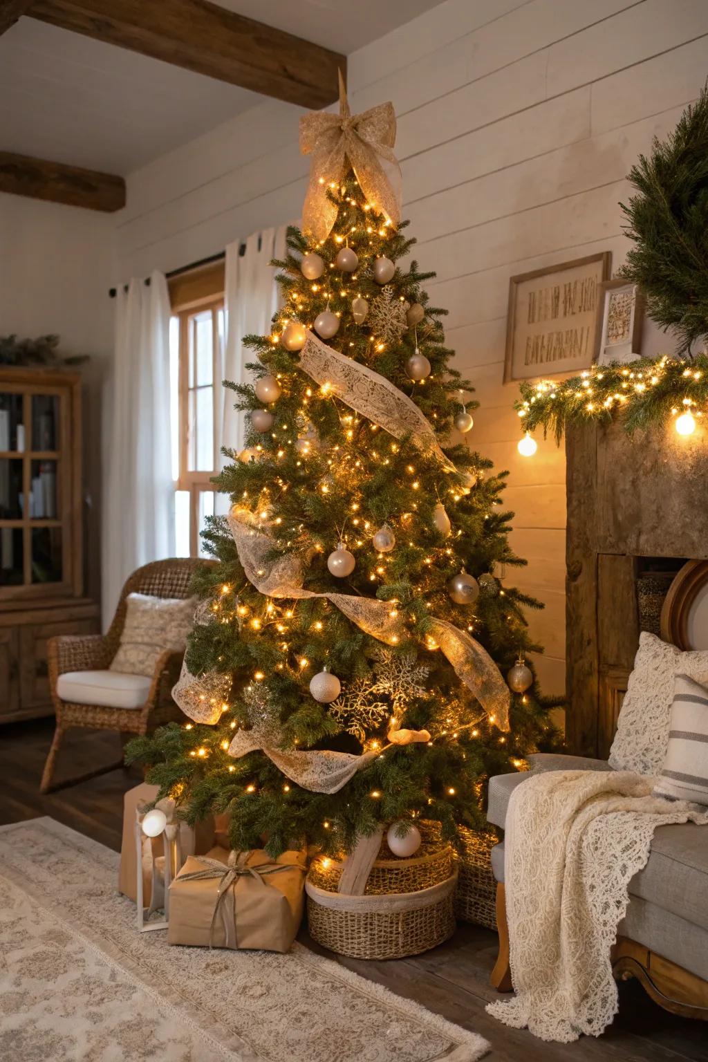 A country chic Christmas tree sporting warm lights and charming decorations.