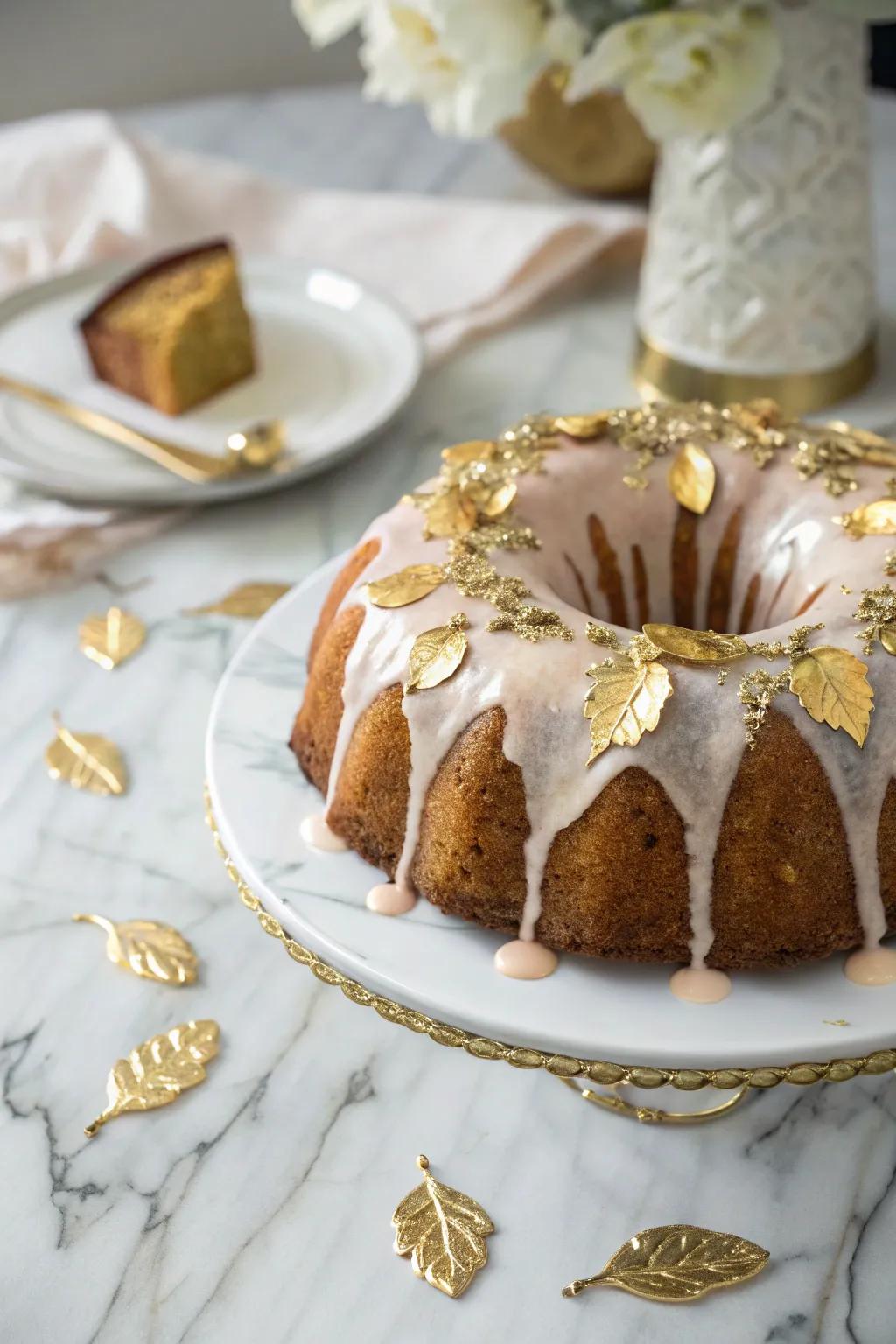 Luxurious gold leaf decorations adorn a bundt cake.