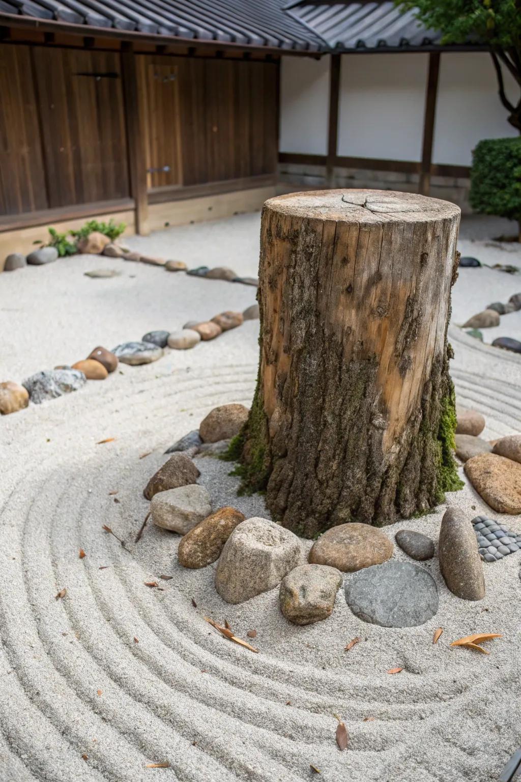 Find peace with a zen garden situated on a tree stump.