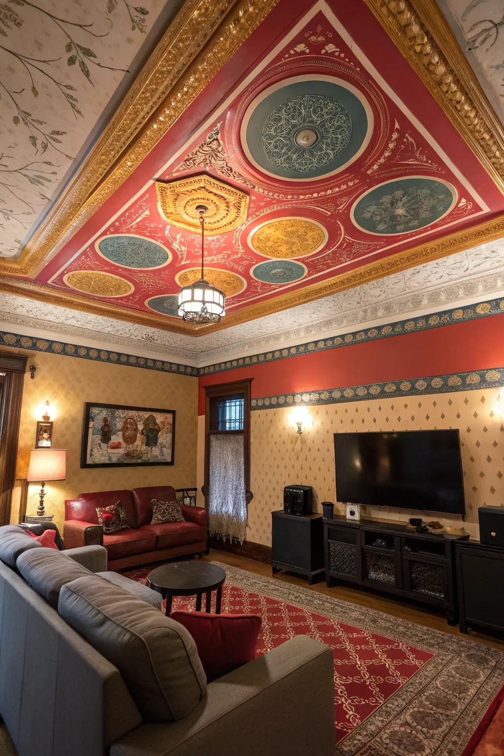 A creatively decorated ceiling that introduces an unexpected design element.