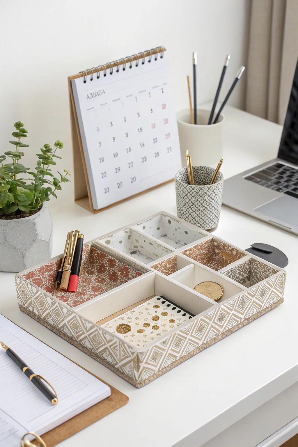 Ornamental flat dishes for a stylishly organized desk.