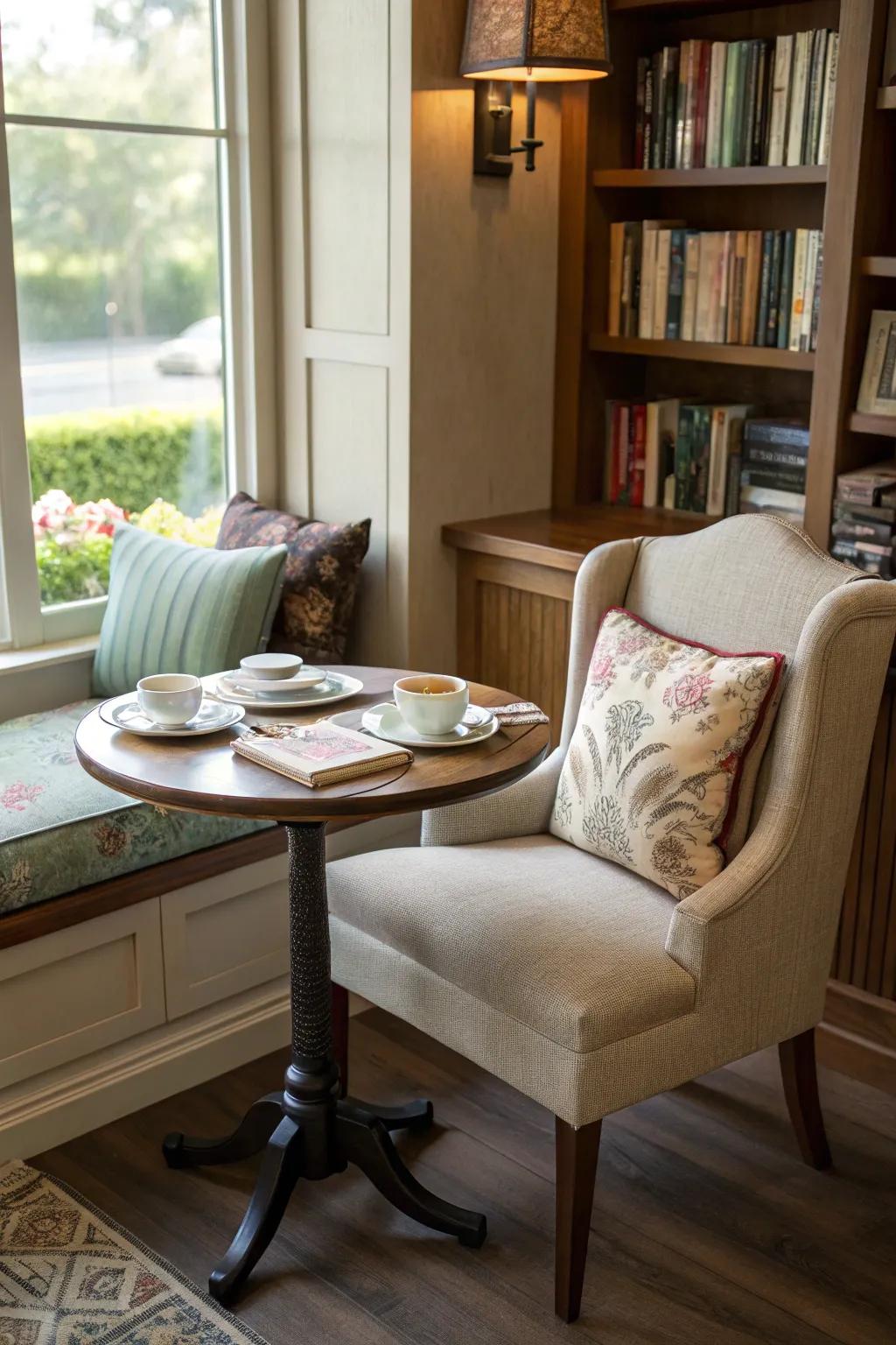 A reading nook dining area offers a tranquil and private environment.