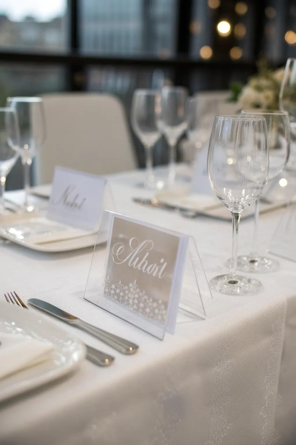 Acrylic place cards add a sleek, modern edge to your setting.