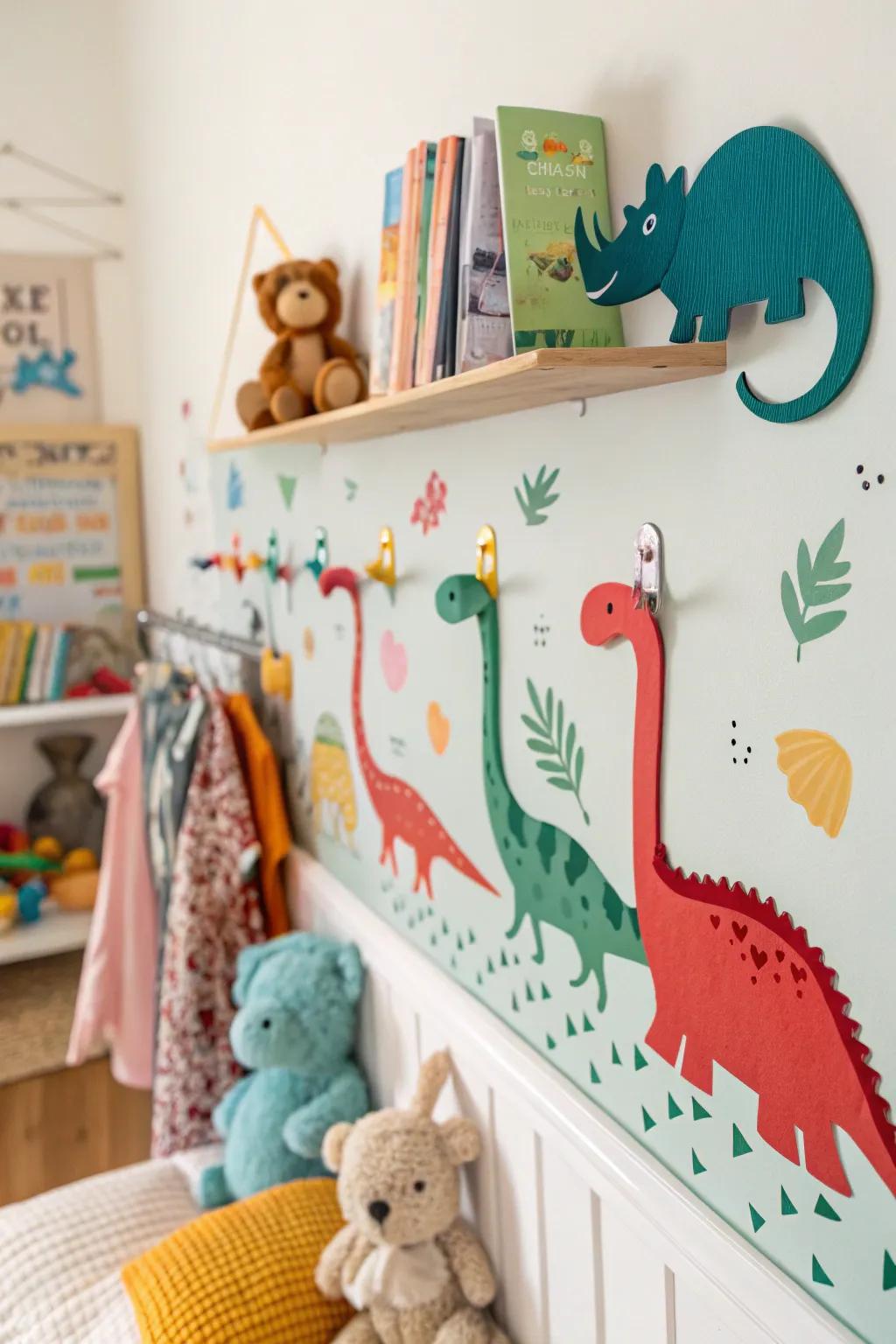 Dinosaur-themed wall hooks, marrying practicality with playful design to elevate the space&rsquo;s charm and functionality.