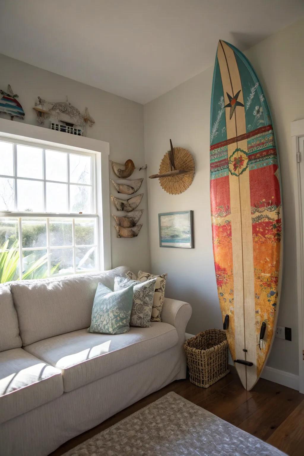 Surfboards and bikes as unique decor pieces.