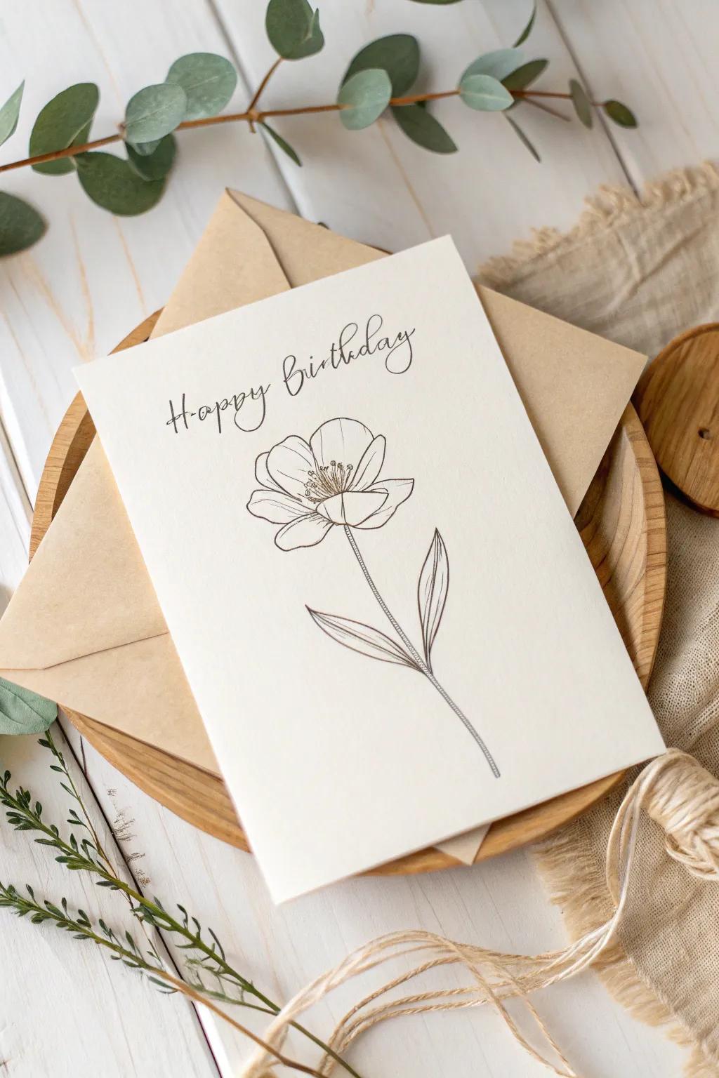 Grace in simplicity: A minimalist birthday card with a single line floral drawing, perfect for the modern aesthetic.