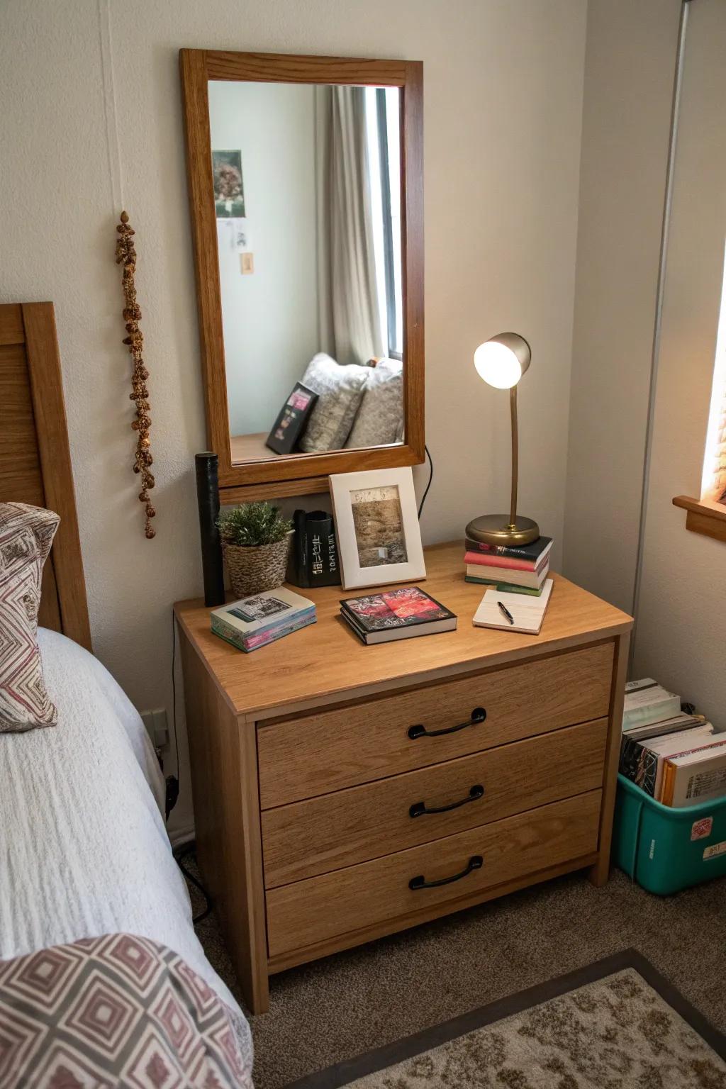 Mirrors make it seem like there is more area and add depth to your dorm room.
