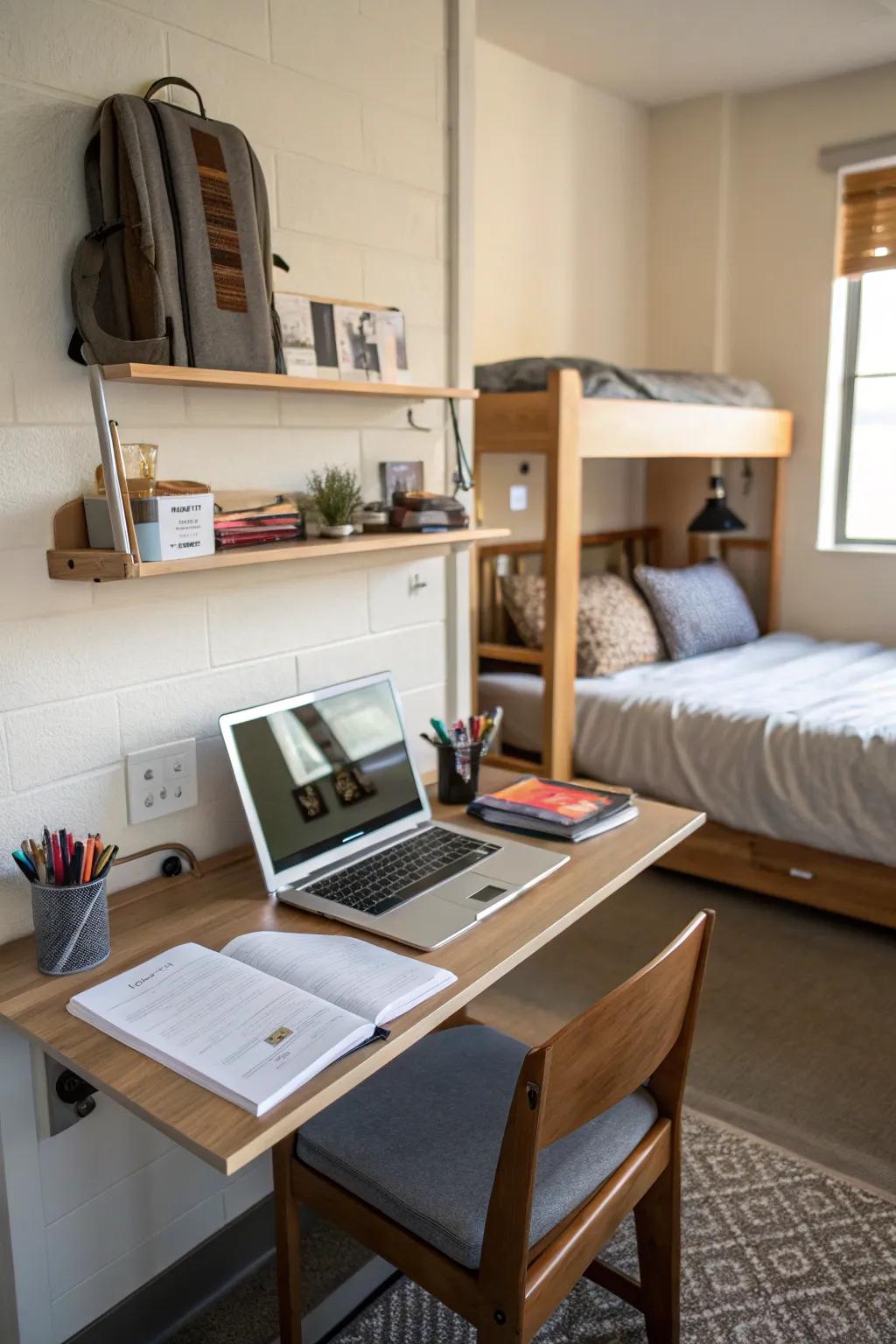 A wall-mounted desk offers a workspace that saves space.