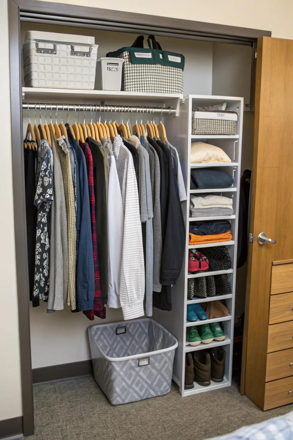 Space-saving hangers make the most of closet area stylishly.