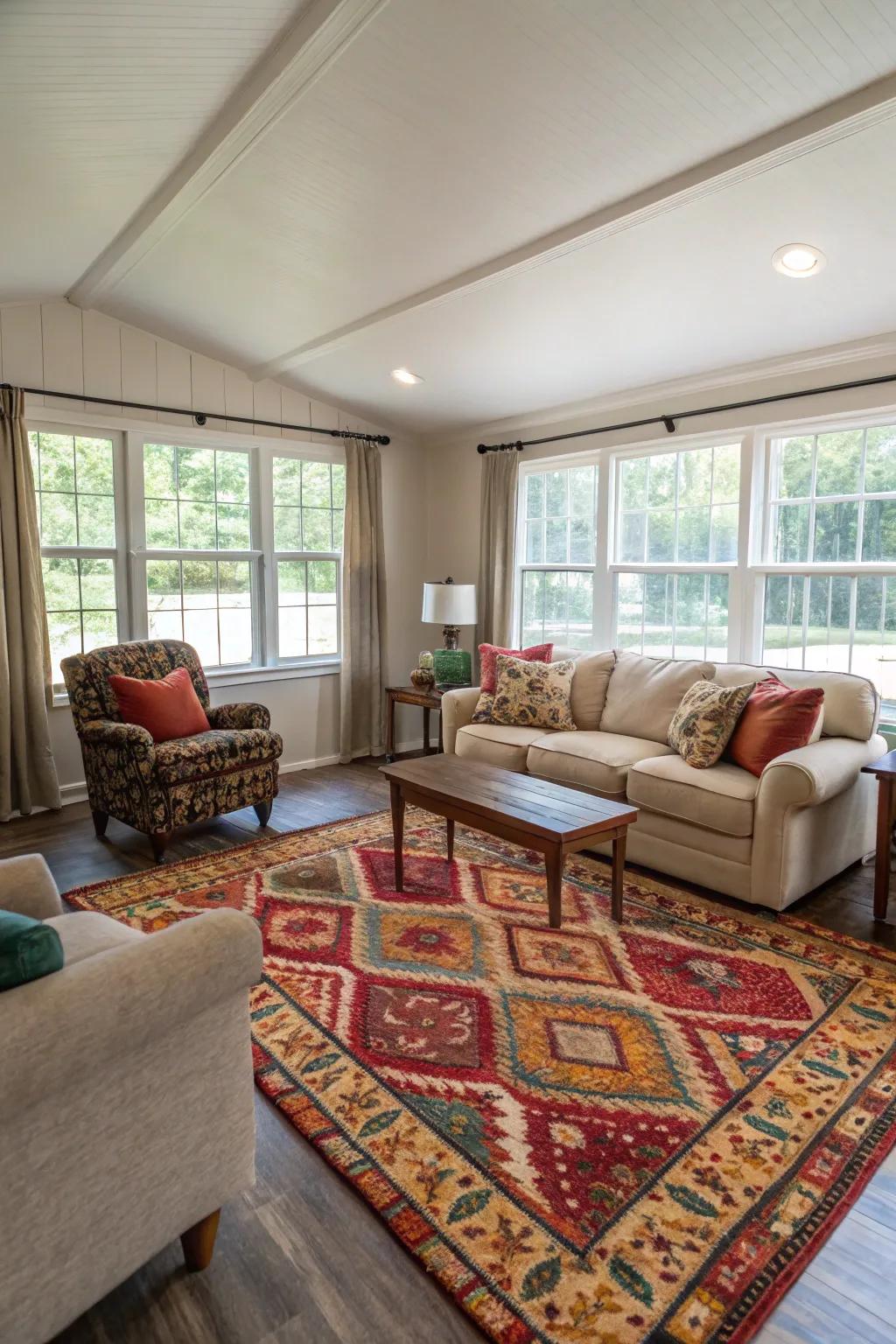 A statement floor covering can bring color and cohesion to your room.