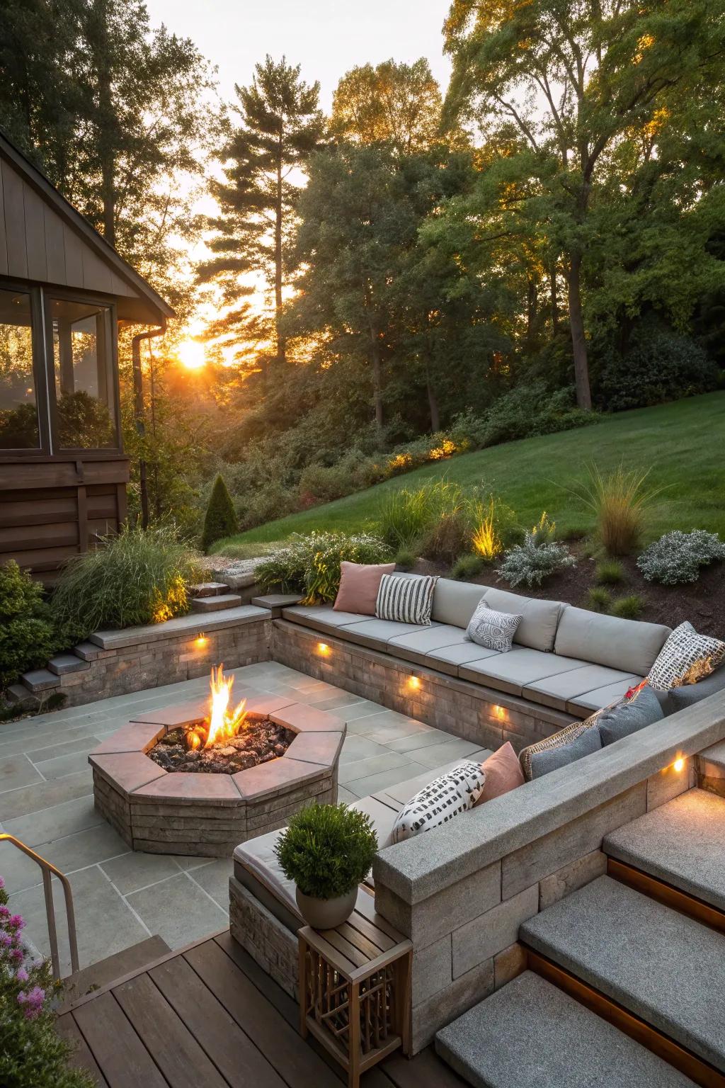 A sunken lounge establishes an intimate and snug space on a sloped yard.