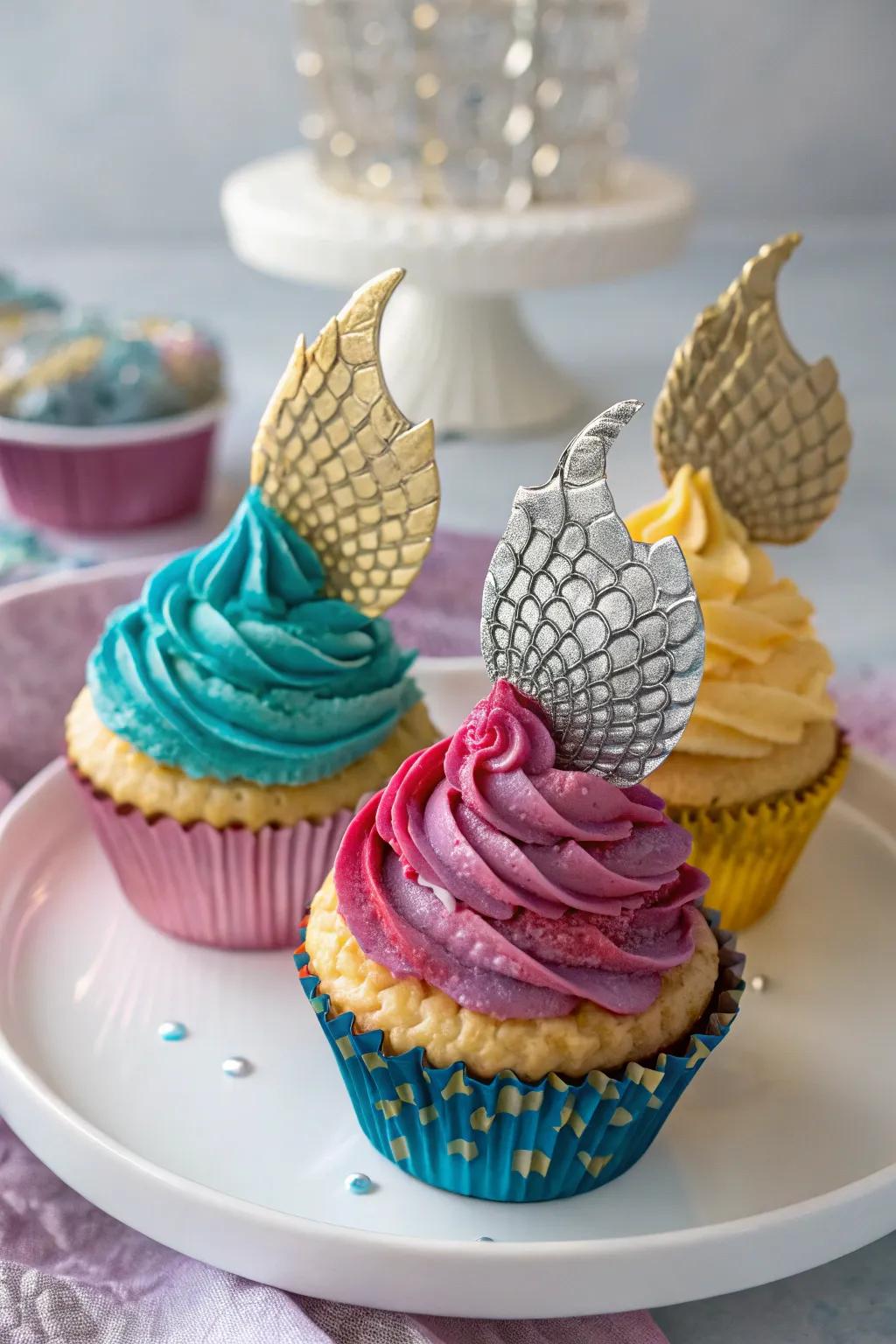 Dragon scale cupcake toppers infuse a magical element into desserts.