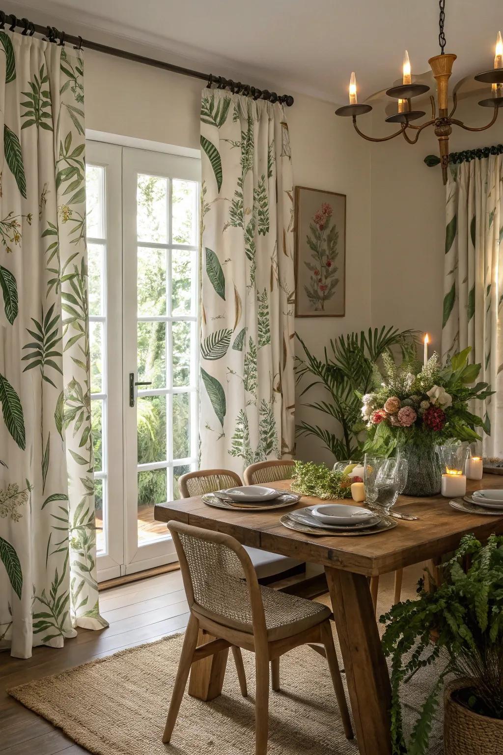 Plant-inspired motif draperies incorporating a refreshing and natural embellishment to a dining area.