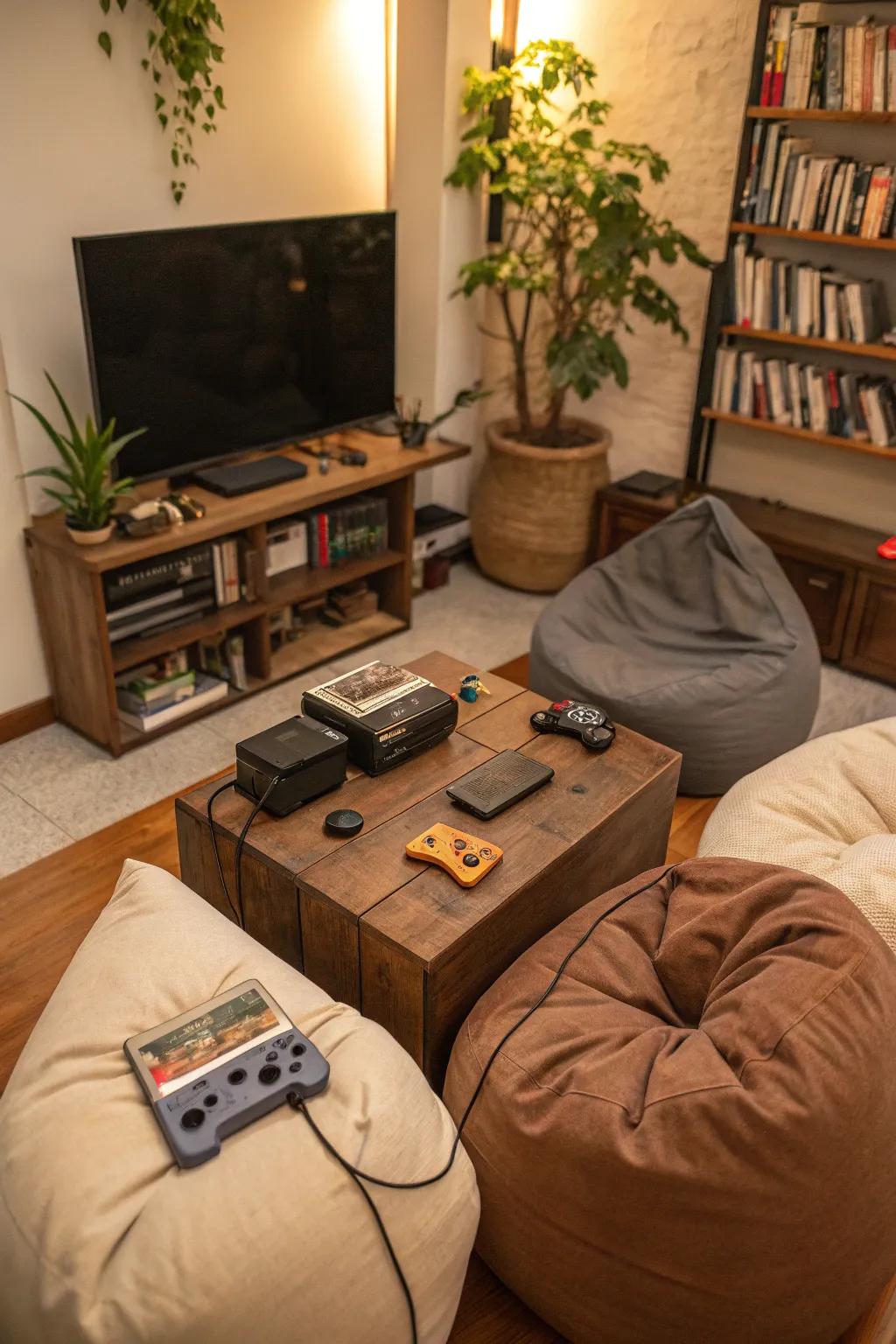 A gaming alcove comprising bean sacks proffers casual solace.