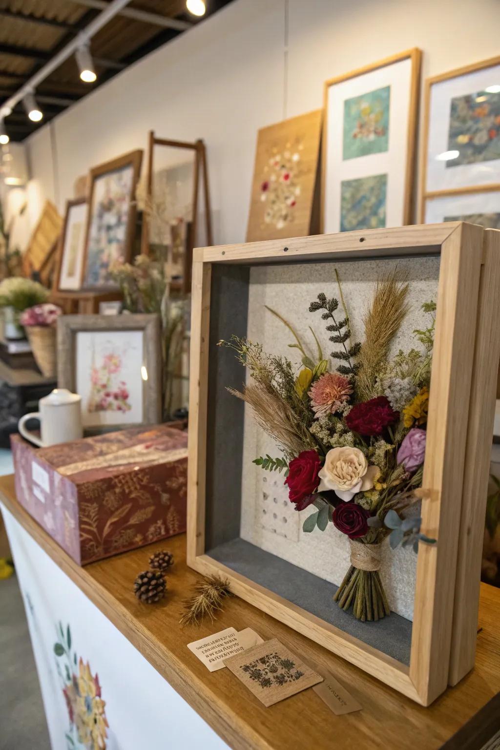Explore creativity through a mixed media dried flower display case.