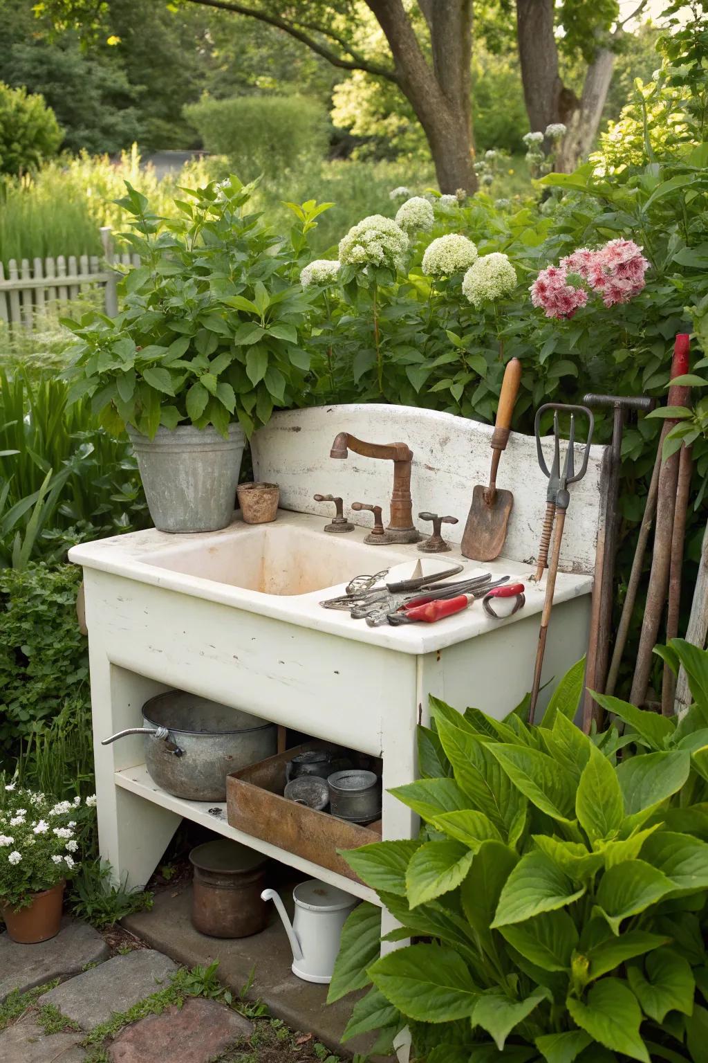 A practical garden tool spot made from a water closet table.