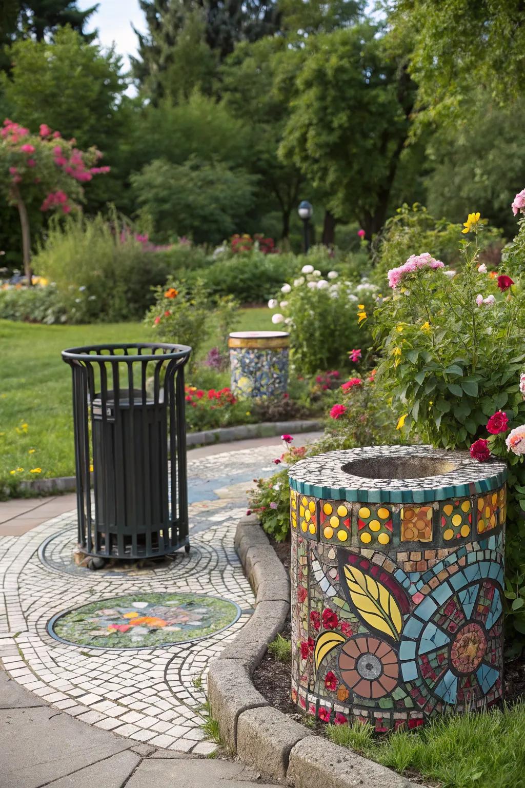 Complex decorative tiling transforms refuse container areas into artistic focal points.