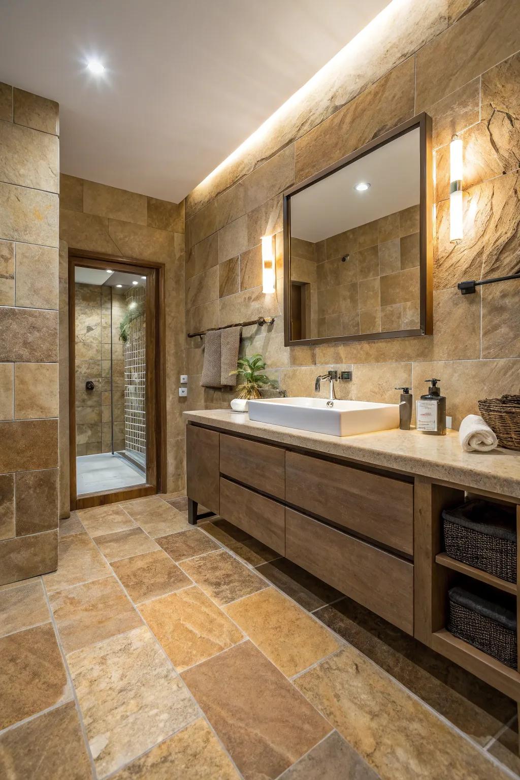 Quartzite-look tiles offer natural beauty with easy maintenance.