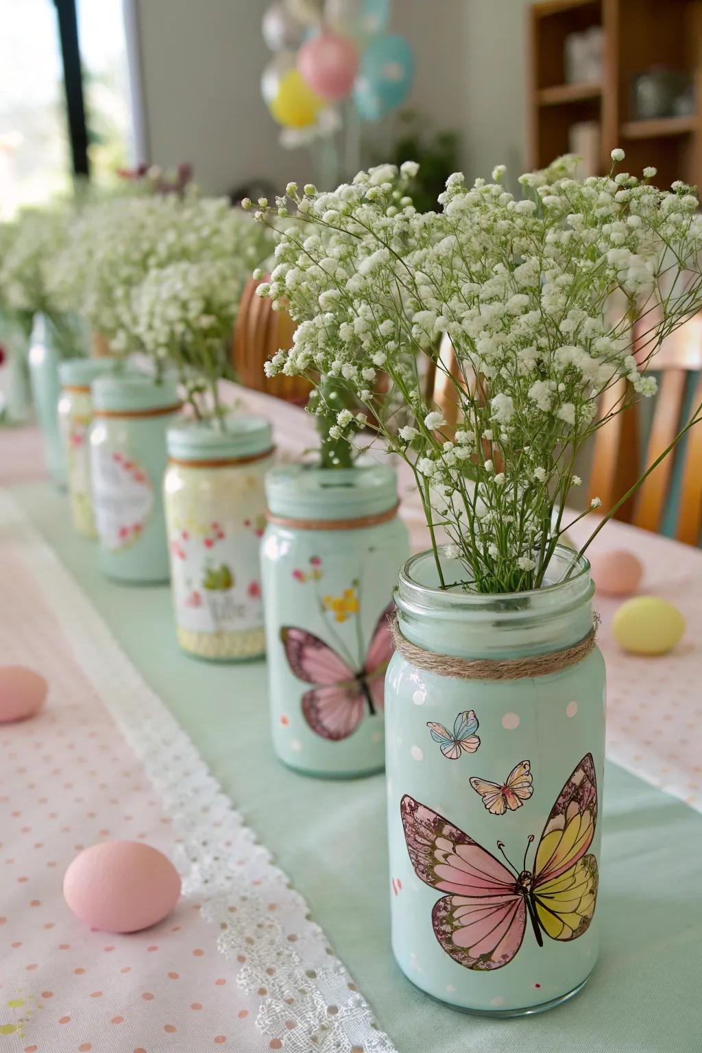 Baby's breath in glass containers constitutes a delicate and enchanting showpiece.