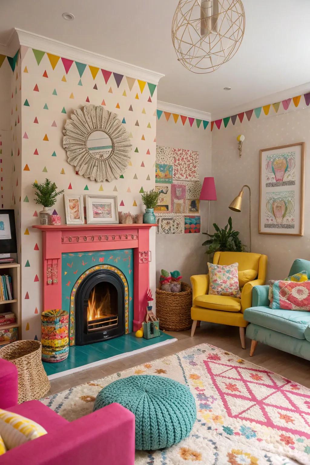 A whimsical living room features a colorful fireplace and quirky decor elements.