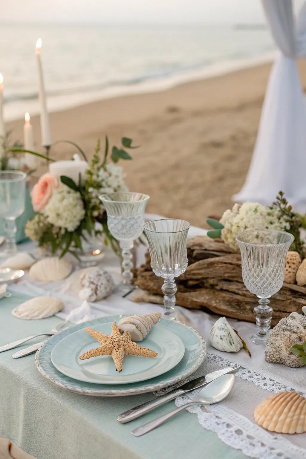 Shell details bring seaside charm to the tablescape.