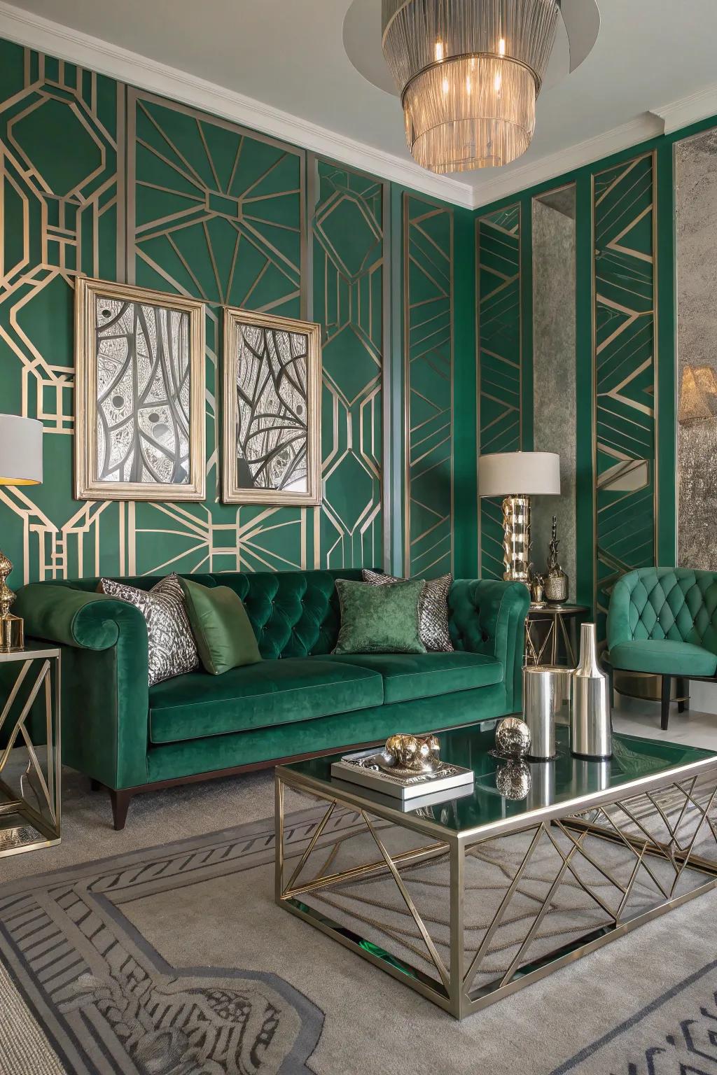 Art Deco effects through geometrical shapes and luxurious materials.