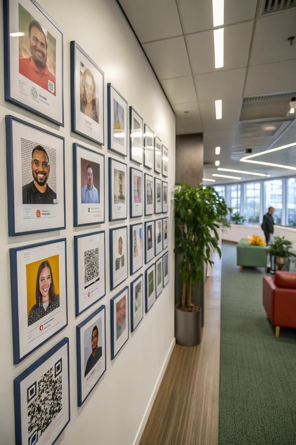 An innovative photo display with QR codes for interactive engagement.