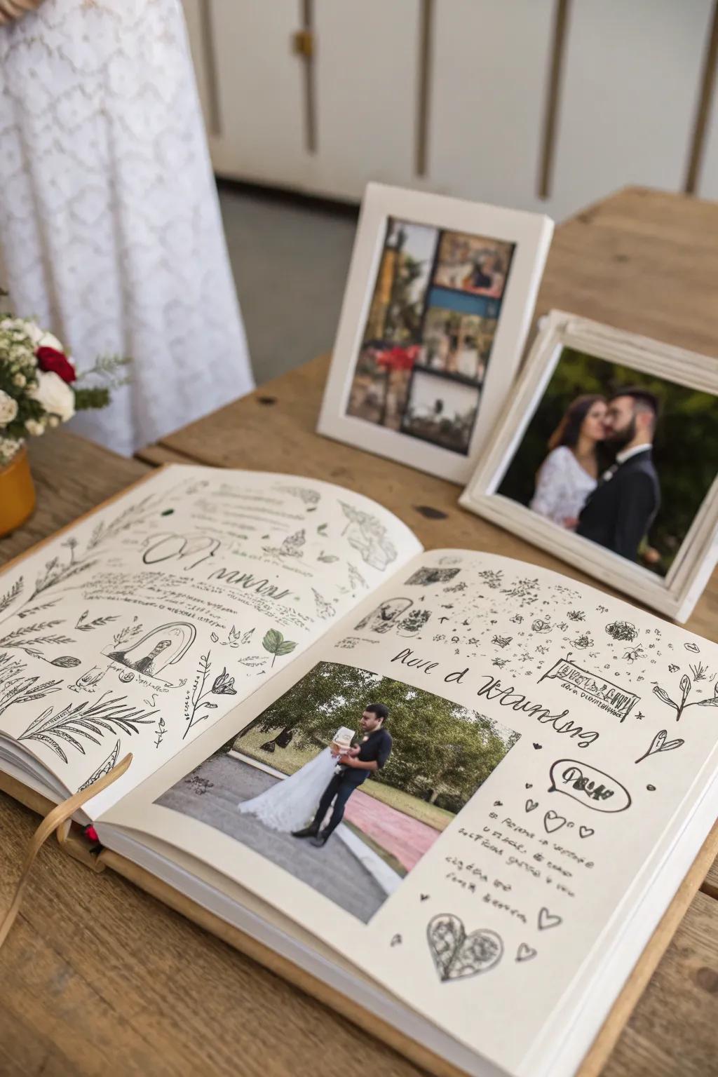 Handcrafted artistry adds a personal element to an engagement photo book.