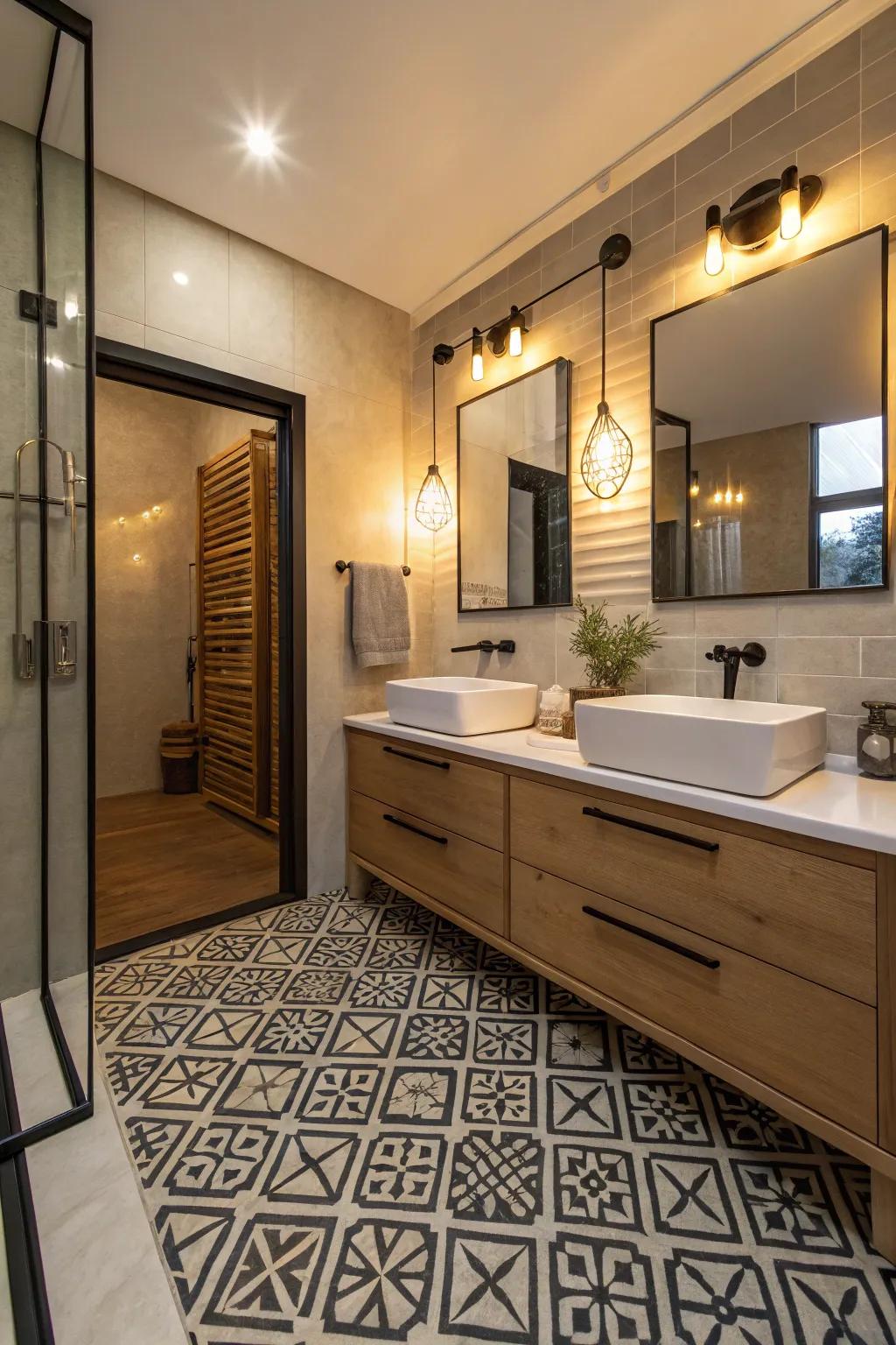 Geometric floor patterns add interest and style to the space.