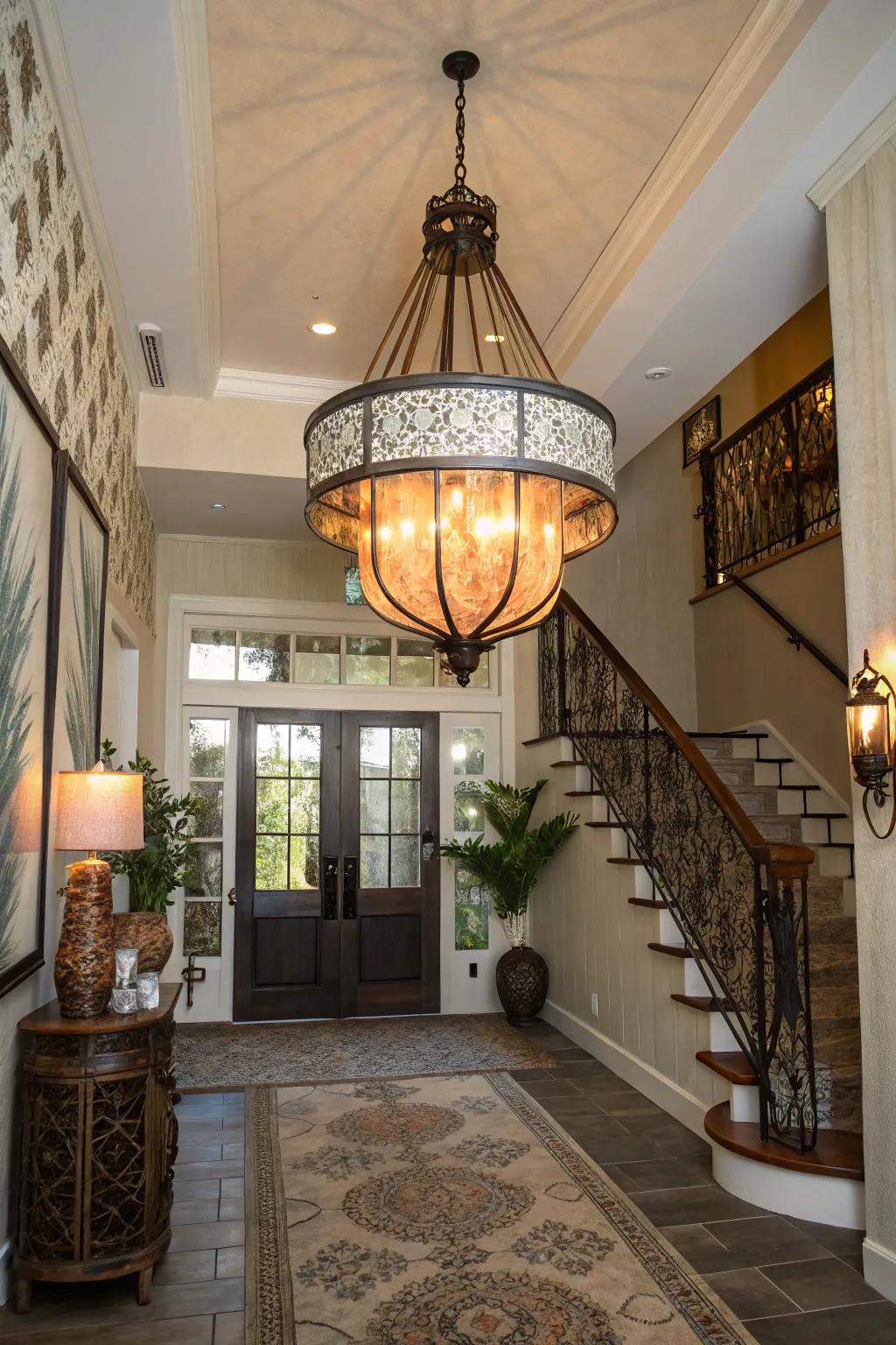 Mixed materials create a unique lighting fixture in this eclectic entrance.