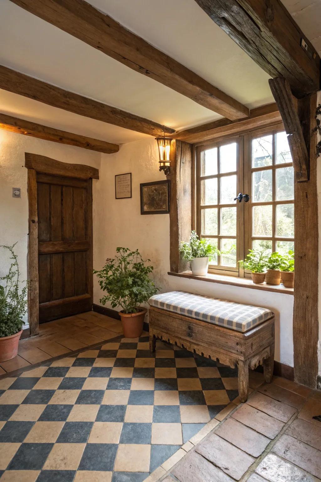 Rustic components enrich the foyer with character and warmth.